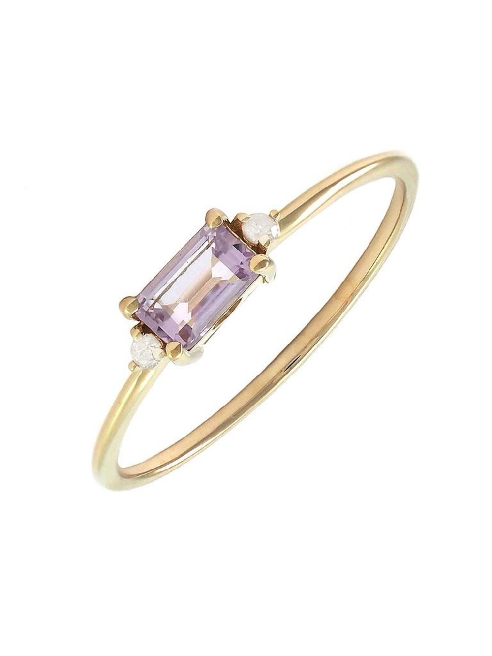 14K Real Solid Yellow Gold Emerald Cut Natural Amethyst & Diamond Ring Size 6.5
